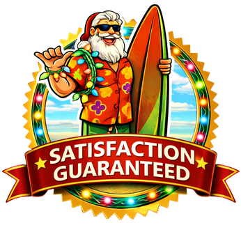 Christmas light installation satisfaction guaranteed badge with tropical Santa holding surfboard and colorful Christmas lights