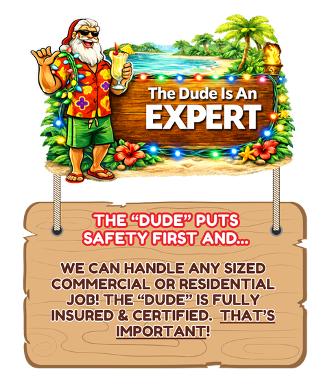 Tropical Santa Christmas light installation expert - fully insured and certified for commercial and residential jobs
