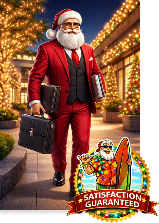 Professional Christmas light installation satisfaction guaranteed - business Santa walking past beautifully lit commercial building with warm white Christmas lights