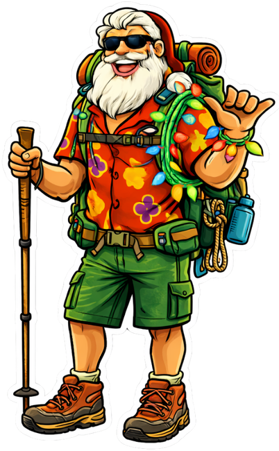 The Dude Across America - tropical Santa with hiking gear and Christmas lights ready for professional light installation nationwide